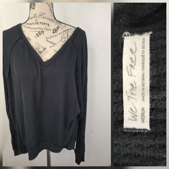 Free People Santa Clara Thermal Top Sz M Waffle Knit Relaxed Black OB 967840 - Picture 1 of 10